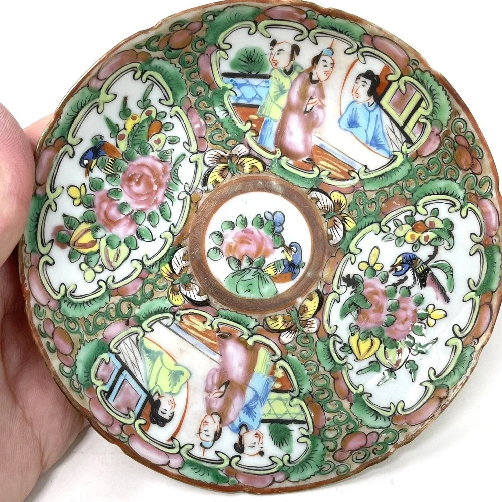 Antique Rose Medallion Chinese Porcelain Tea Cup & Saucer‎ Lot Of 3 Asian Art